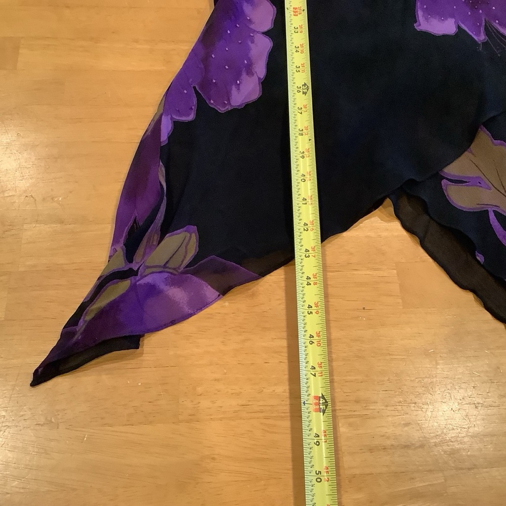 Vtg Black Purple Floral Midi Dress Size 14 Handkerchief Hem Fairy Whimsygoth - Picture 14 of 16